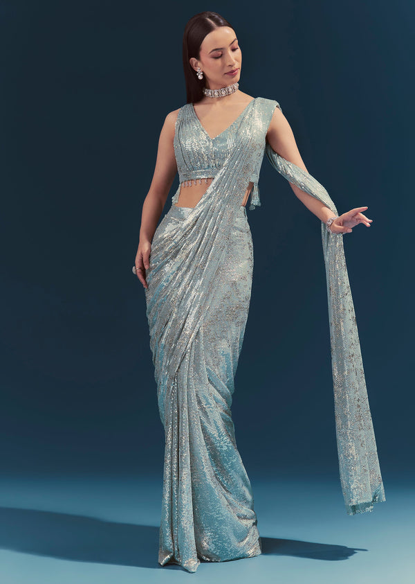 Mint Blue Ready Pleated Saree Set