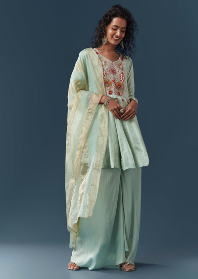 Mint Blue Silk Palazzo Set With Dupatta