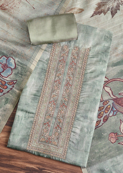 Mint Green Chanderi Unstitched Suit With Printed Dupatta