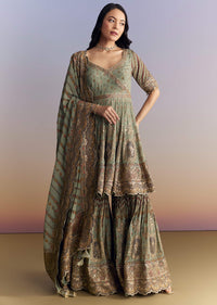 Mint Green Crepe Sharara Suit With Indie Print And Stone Work