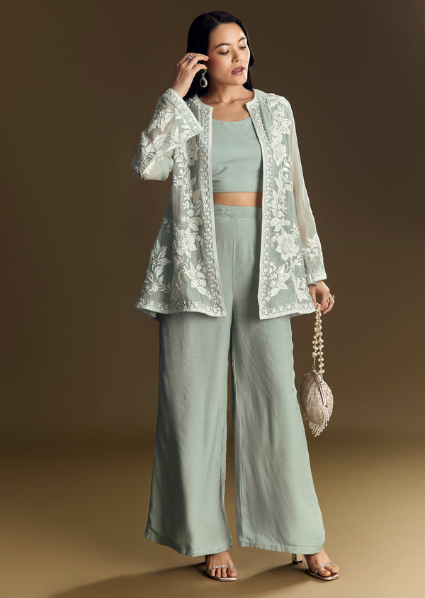 Mint Green Crop Top Set With Embroidered Organza Jacket