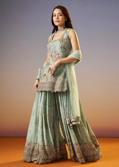 Mint Green Floral Printed Palazzo Suit With Dupatta