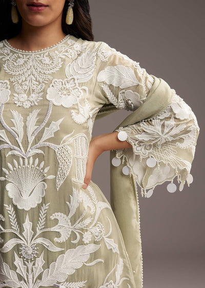 Mint Green Organza Kurta Set With Thread And Moti Work