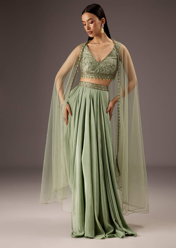 Mint Green Silk Crop Top Skirt With Monotone Embroidery