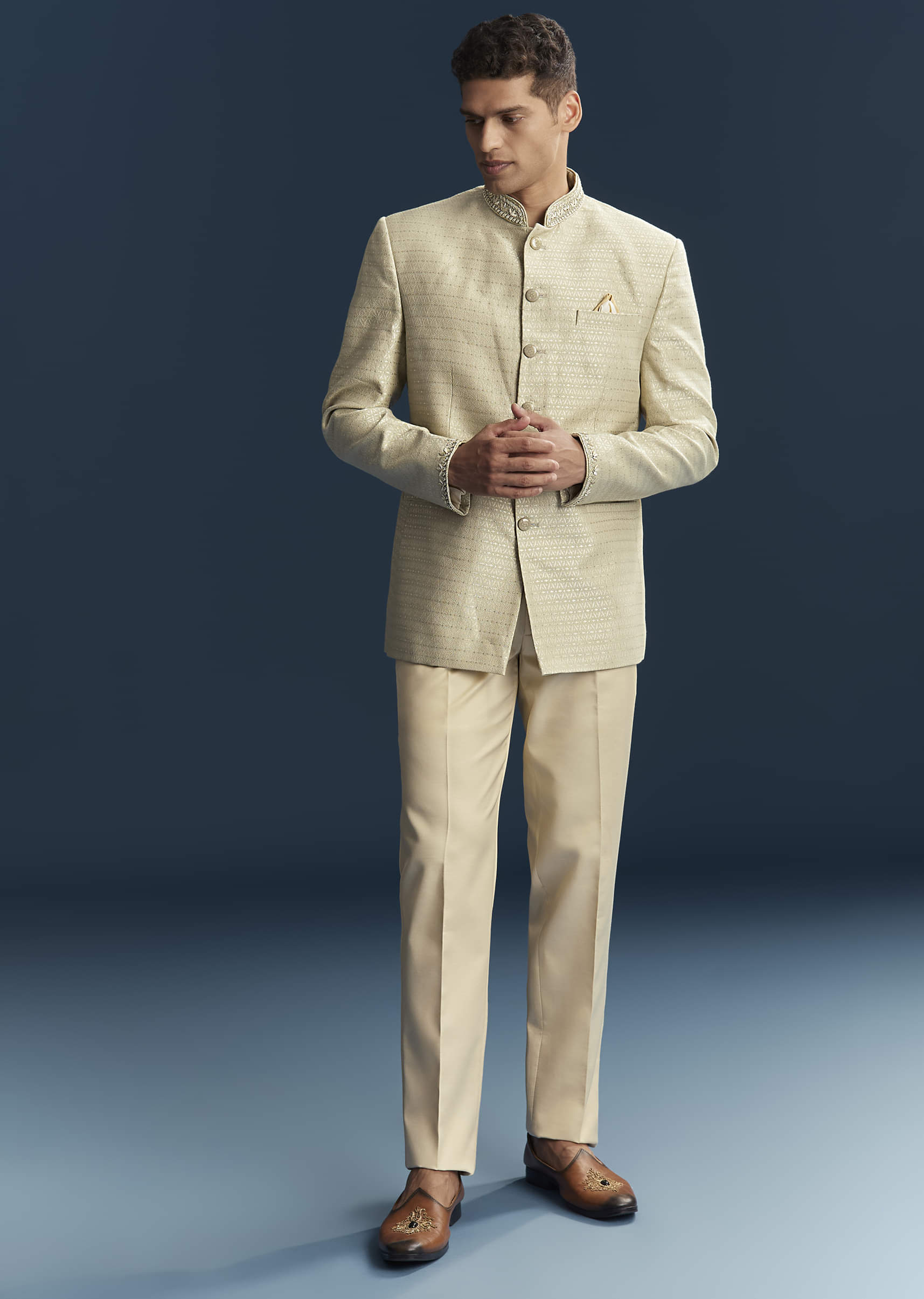 Mint Green Silk Jodhpuri Suit For Men With Hand Embroidery