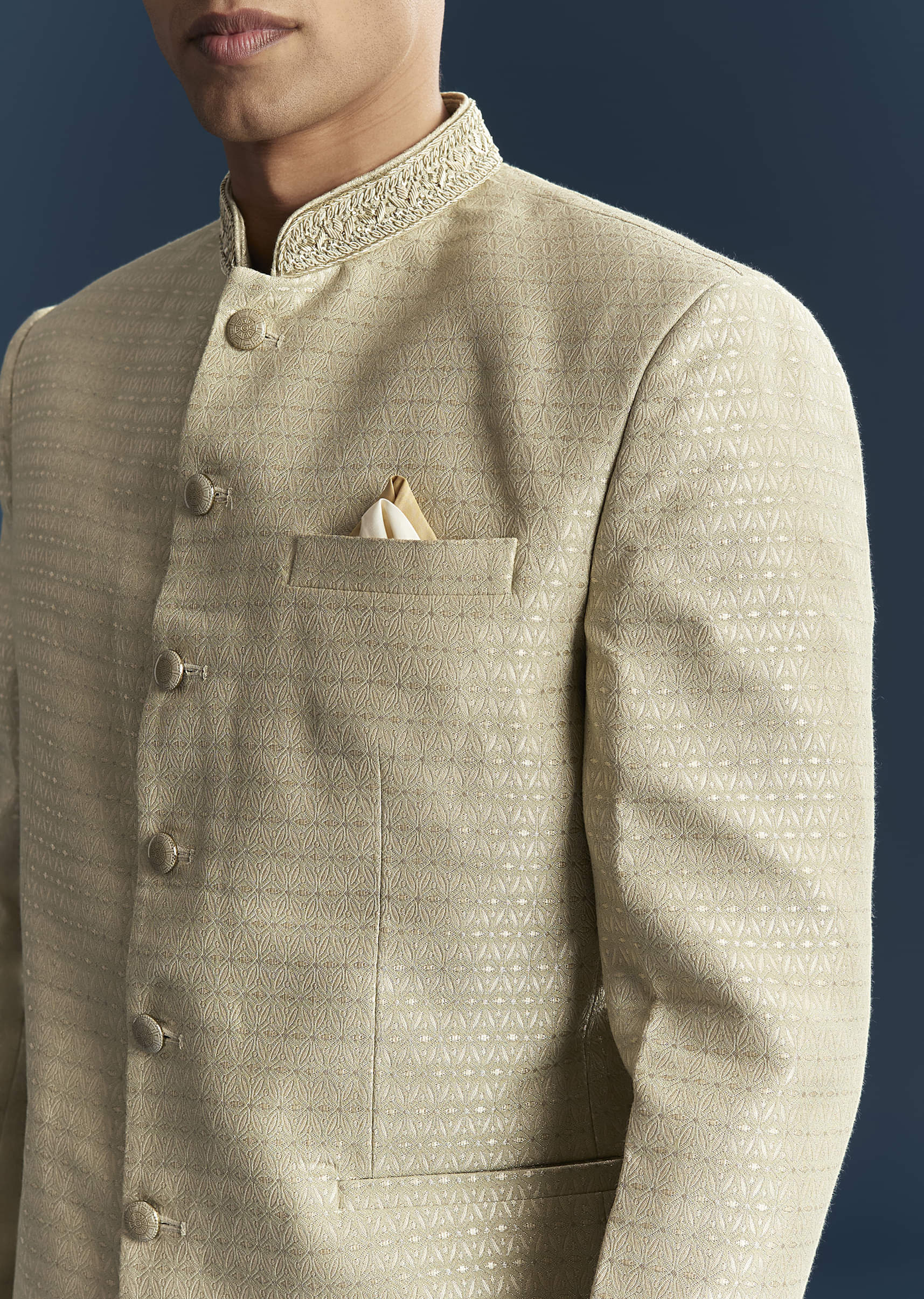 Mint Green Silk Jodhpuri Suit For Men With Hand Embroidery