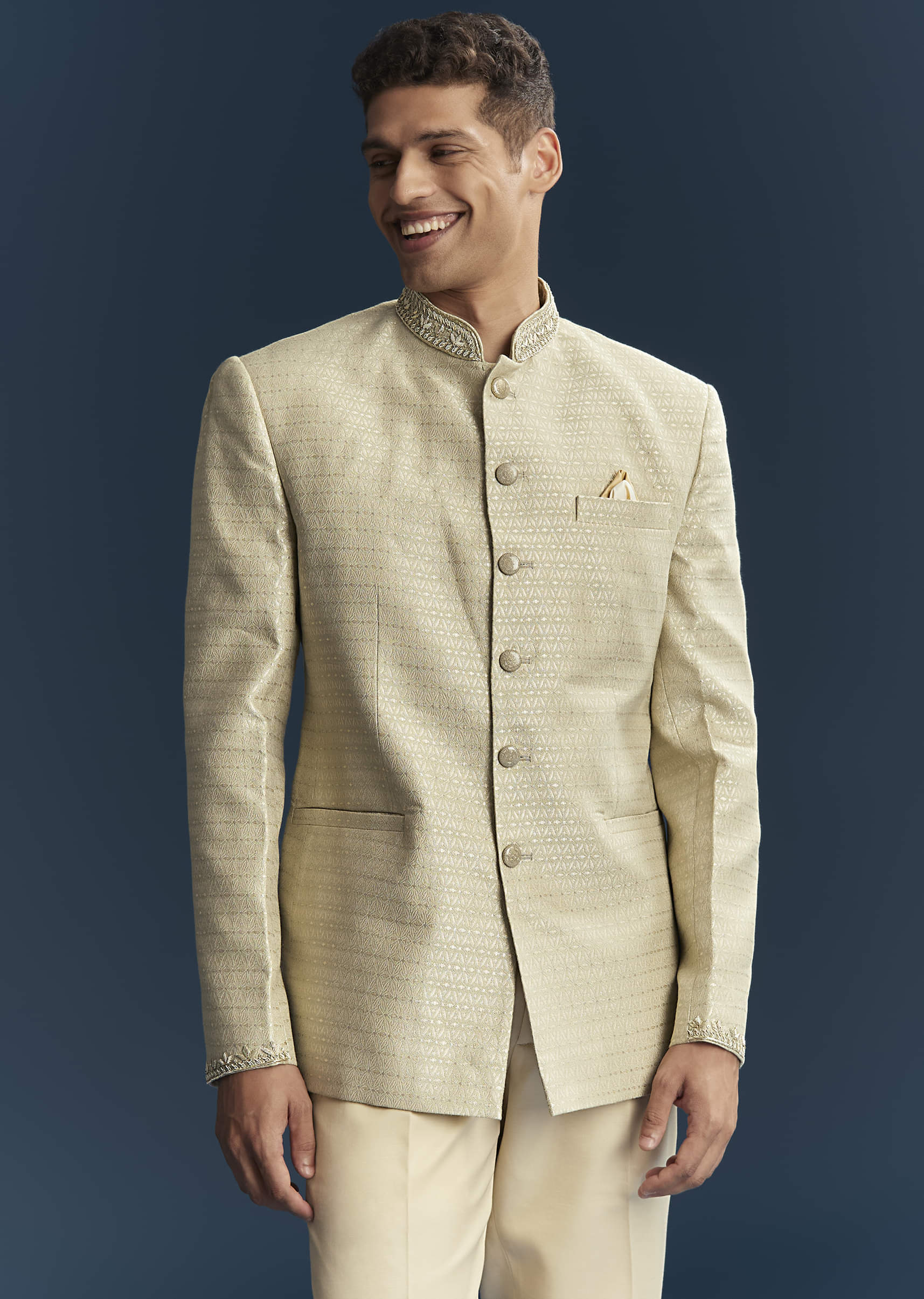 Mint Green Silk Jodhpuri Suit For Men With Hand Embroidery