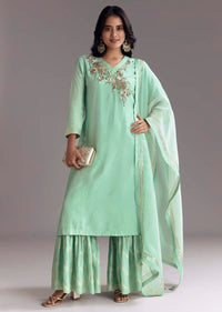 Mint Green Silk Kurta Sharara Set With Gotta Work