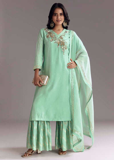 Mint Green Silk Kurta Sharara Set With Gotta Work