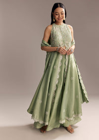 Mint Green Tissue Anarkali Suit With Cutdana And Beads Embroidery