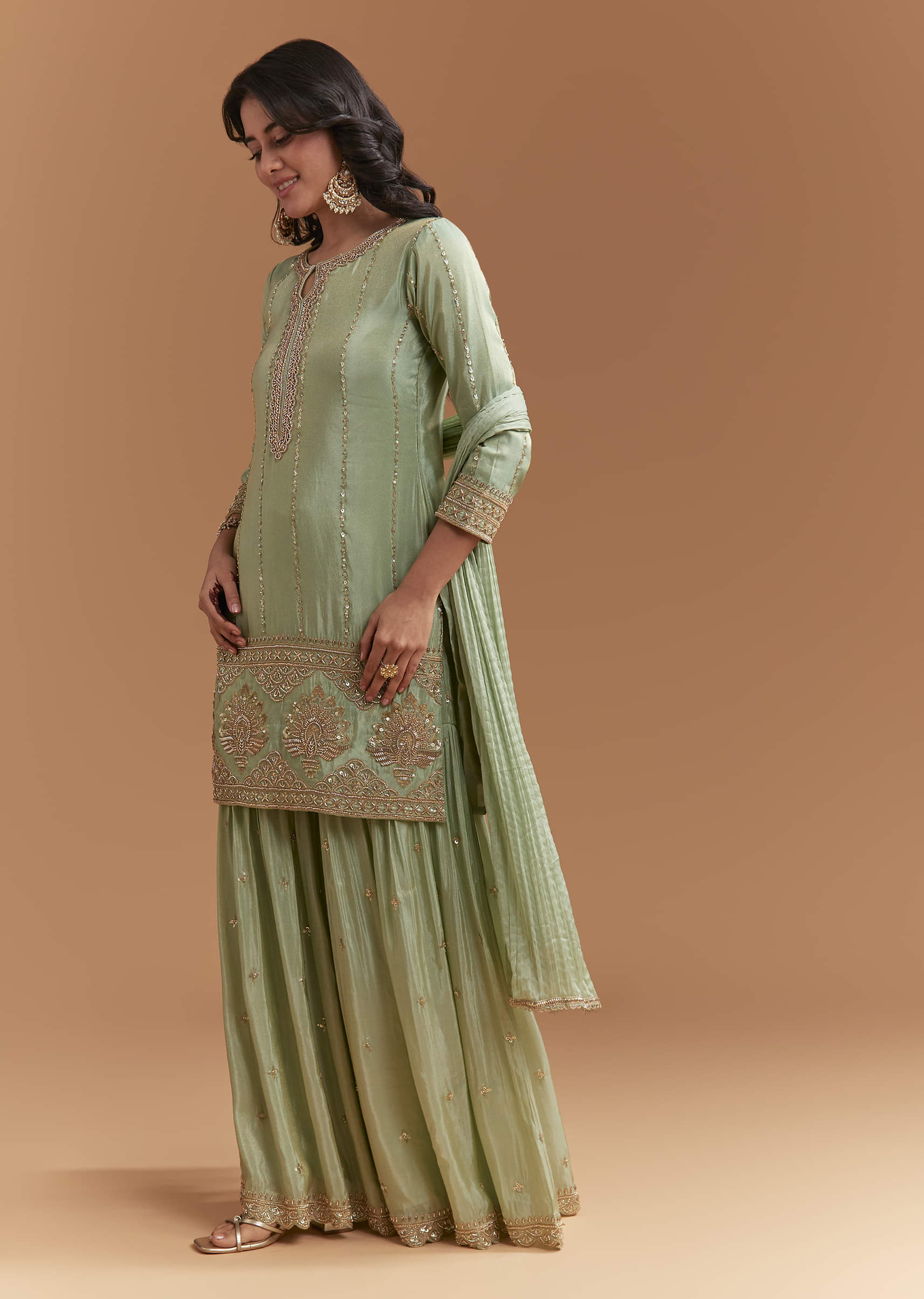Mint Green Tissue Sharara Suit With Beads And Sequins Work