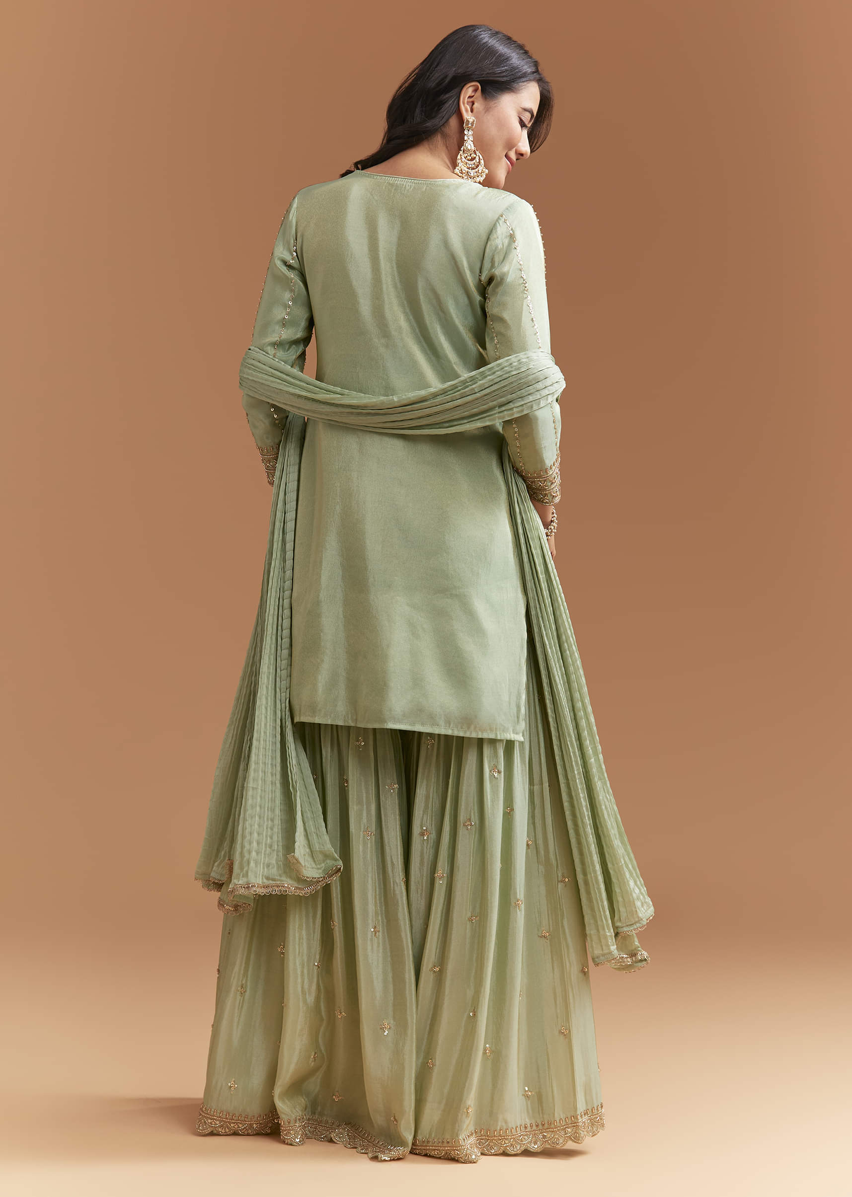 Mint Green Tissue Sharara Suit With Beads And Sequins Work