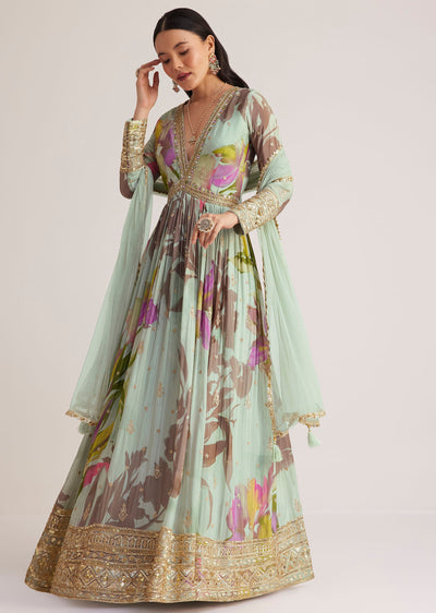 Mint Blue Floral Printed Anarkali With Net Dupatta