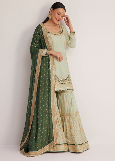 Mint Green Embroidered Sharara Set With Dark Green Dupatta
