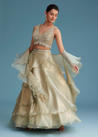 Mint Green Organza Layered Lehenga Set