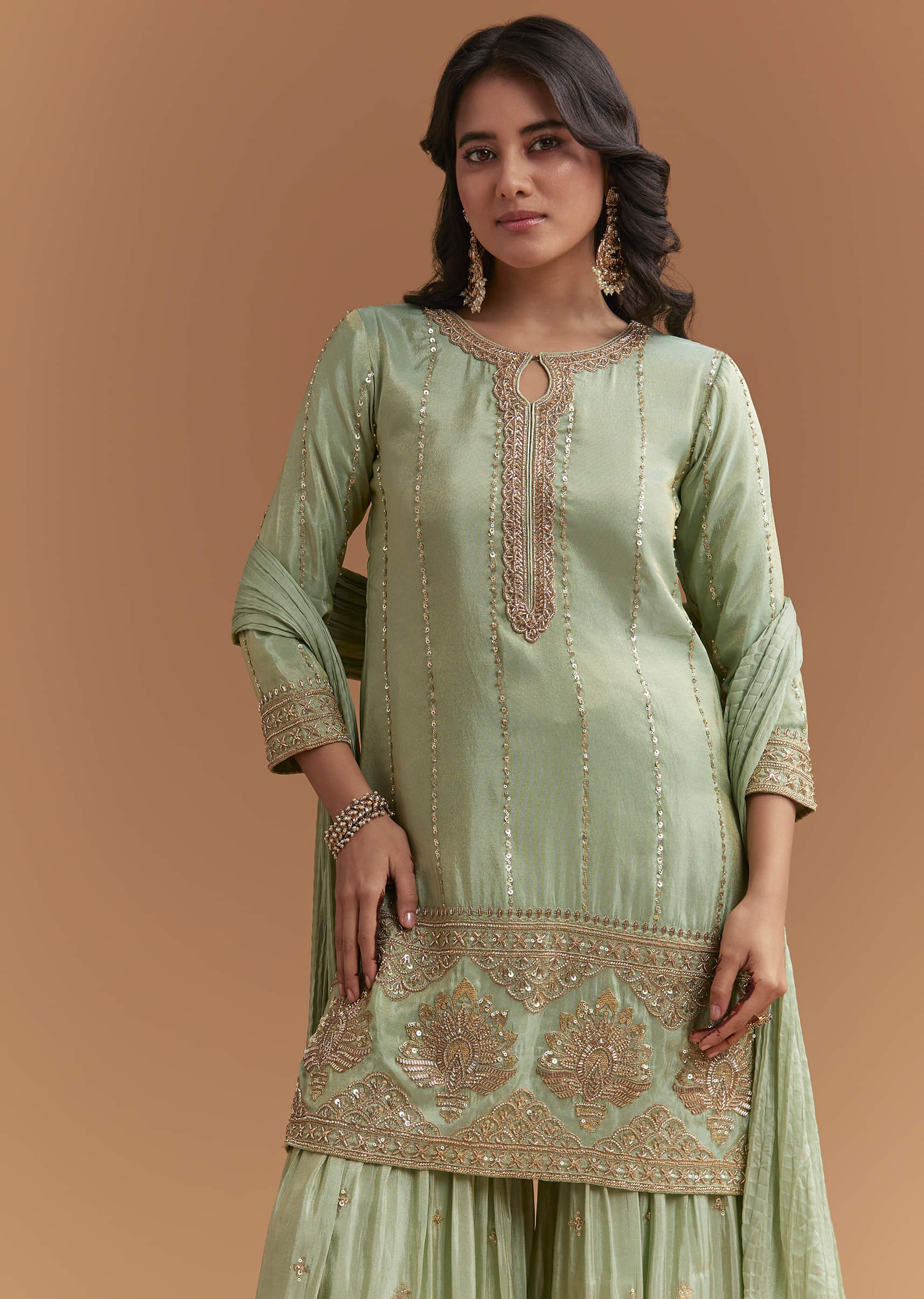 Mint Green Tissue Sharara Suit With Beads And Sequins Work