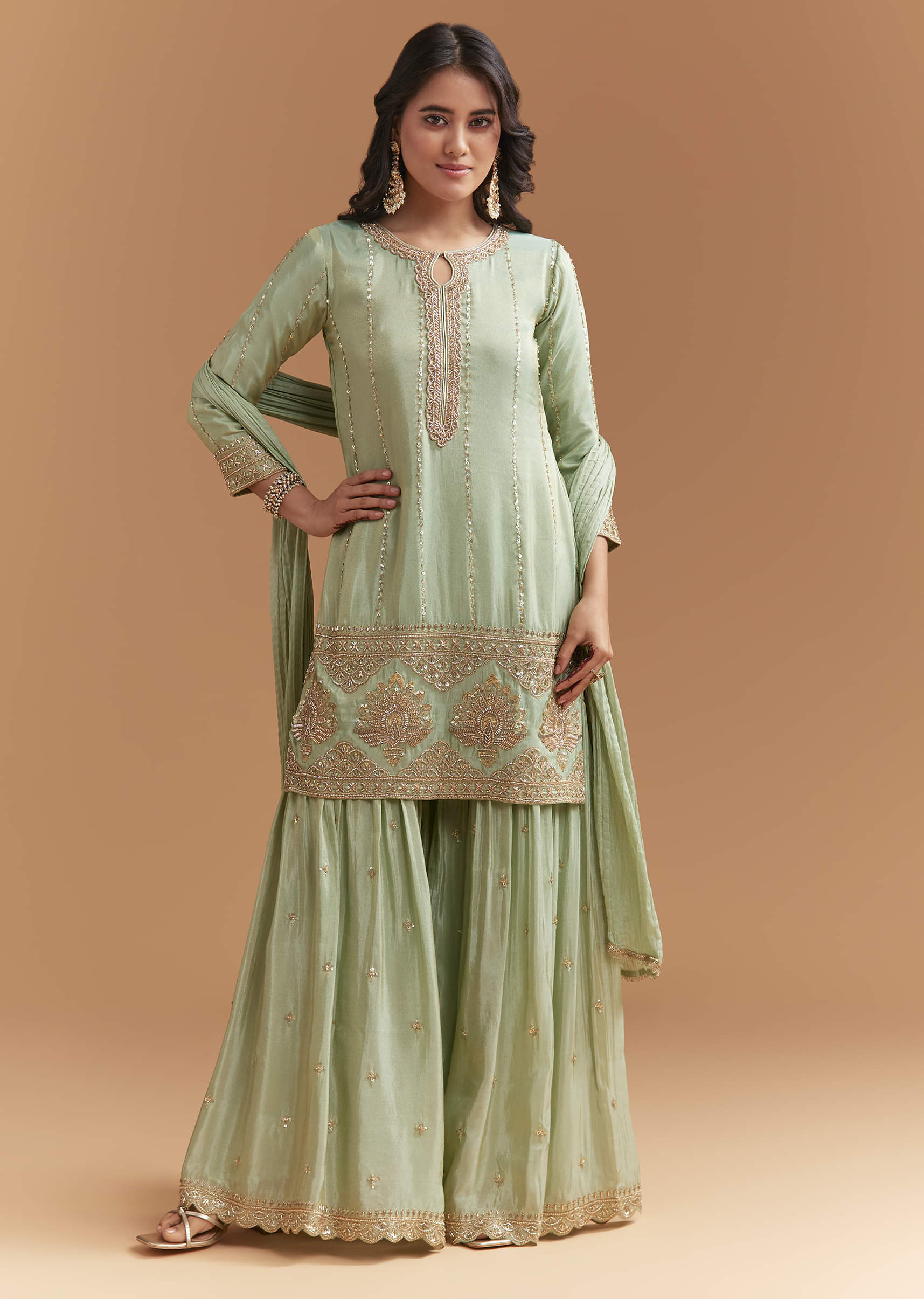 Mint Green Tissue Sharara Suit With Beads And Sequins Work