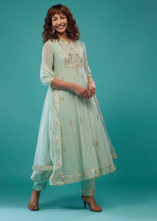 Powder Green Embroidered Pant Suit Set In Georgette