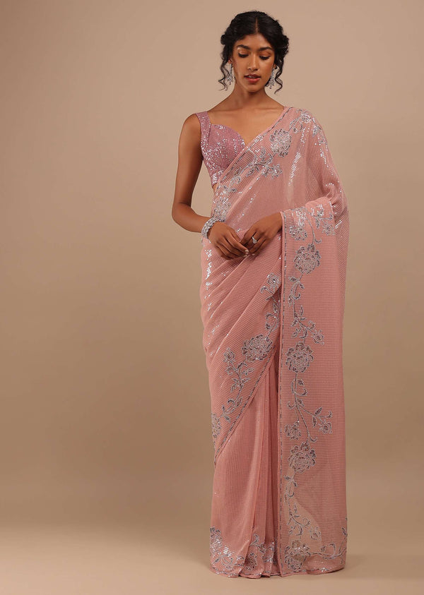Misty Rose Sequins Embroidered Saree In Georgette