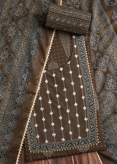 Mocha Brown Cotton Printed Unstitched Suit Set