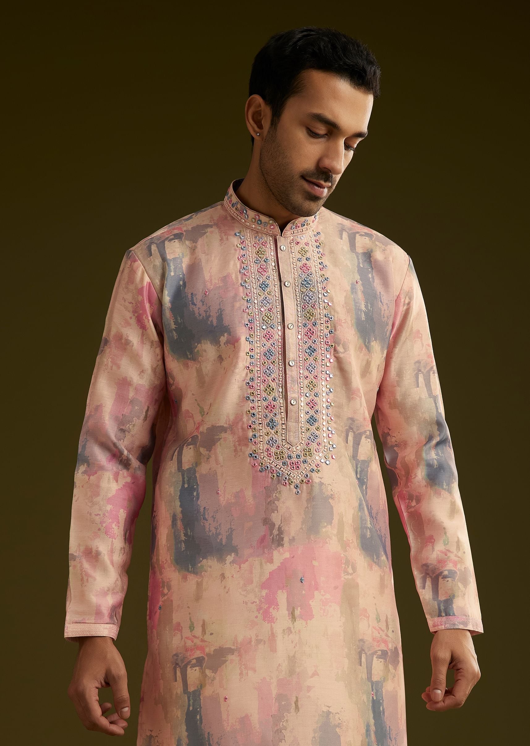 Multi Colored Abstract Printed Silk Kurta Set