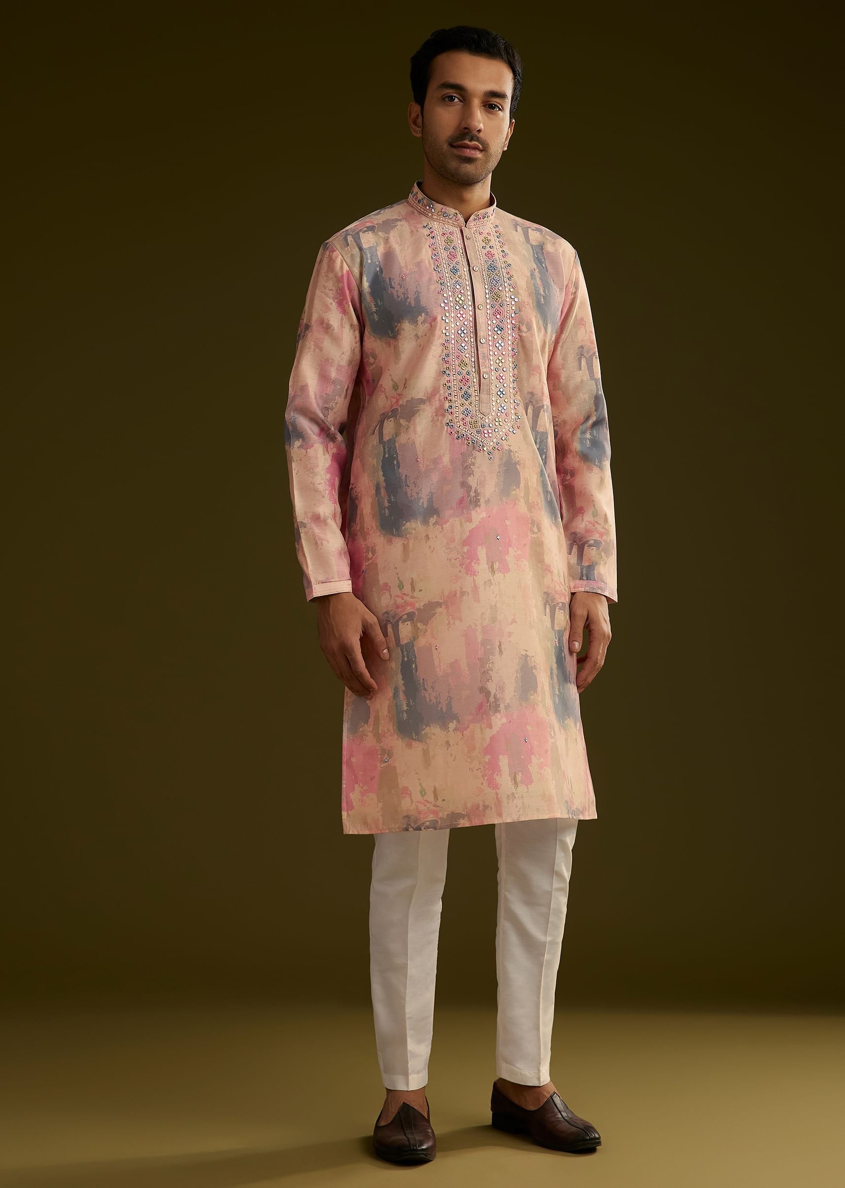 Multi Colored Abstract Printed Silk Kurta Set