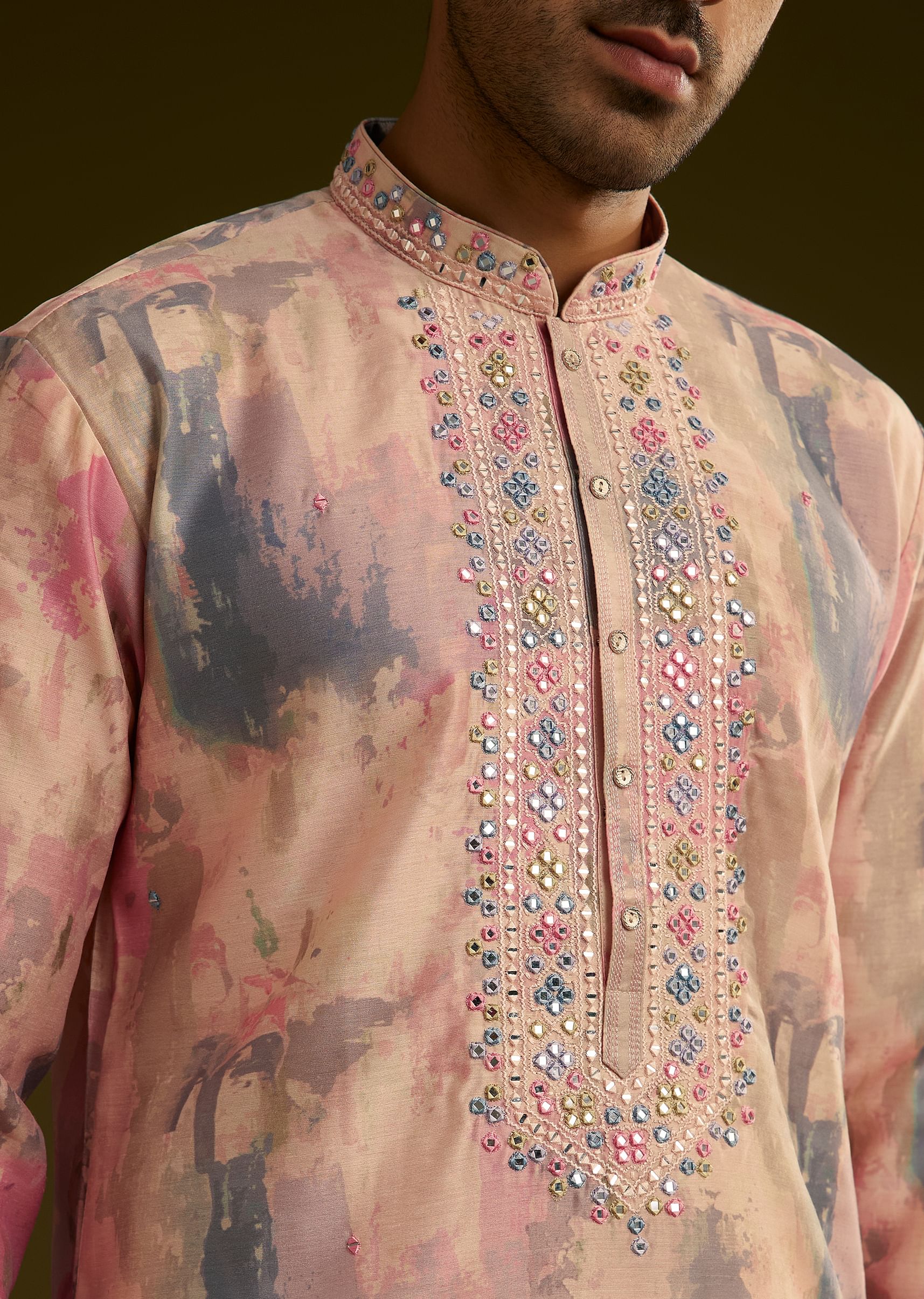 Multi Colored Abstract Printed Silk Kurta Set