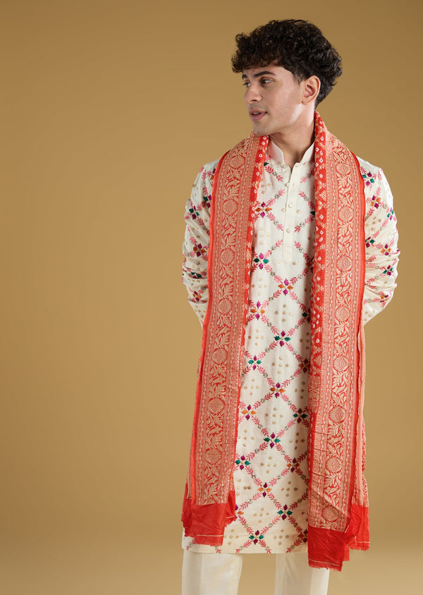 White Silk Kurta Pant Set With Red Thread Motifs