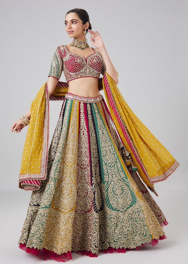 Multi Coloured Embroidered Kali Lehenga Set With Dupatta