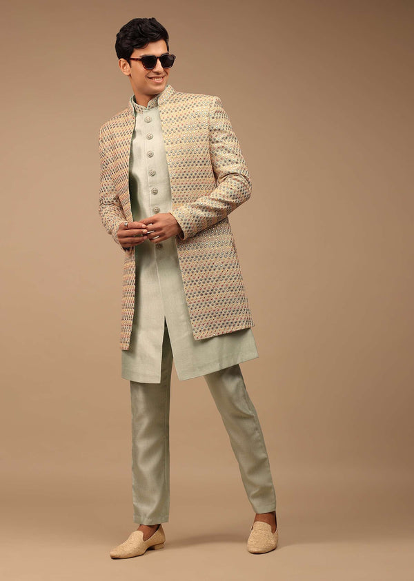 Multi-Coloured Sherwani With Scallop Embroidery