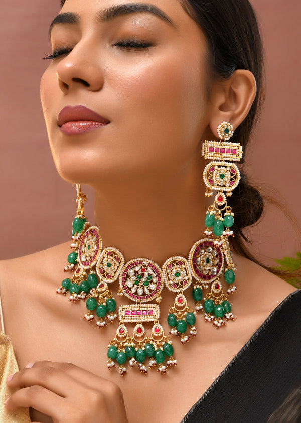 Multi Kundan Bead Drop Necklace and Earrings Set