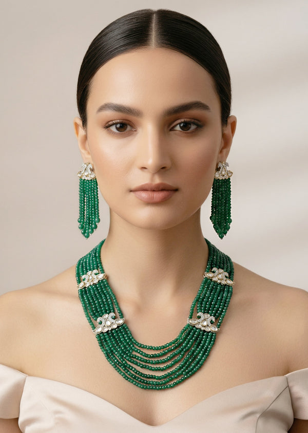 Multi Layer Green Beaded Necklace Set With Matching Long Earrings And Crystal Studded Separators