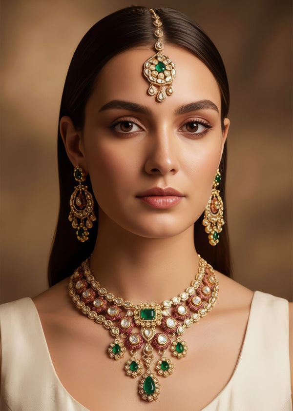 Multi Red Jewellery Set In Kundan Polki