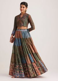 Multi Colored Chanderi Skirt Set With Kantha Embroidery