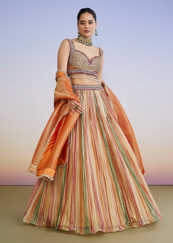 Multicolor Tissue Lehenga With Sequin Stonework Choli And Dupatta