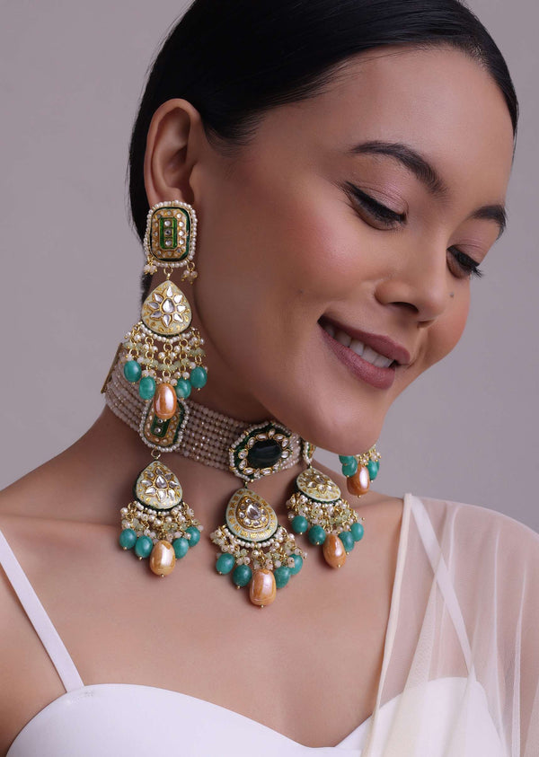 Multicolor Gold-Finish Kundan Choker Necklace Set With Colourful Meenakari Work And Drop-Stones In Mix Metal