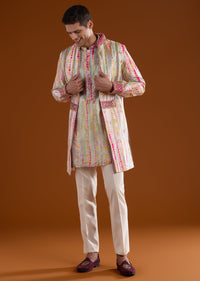 Multicolored Silk Mens Kurta Jacket Set With Thread And Zardosi Work
