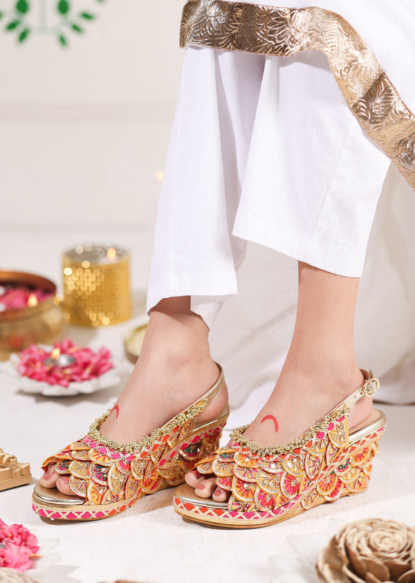 Multicolour Scalloped Embroidered Wedges