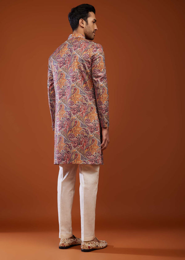 Multicoloured Embroidered Sherwani Set In Imported Suiting Fabric