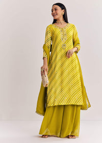 Mustard Leheriya Kurta Palazzo Suit With Cutdana And Sequins Work
