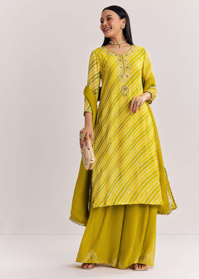 Mustard Leheriya Kurta Palazzo Suit With Cutdana And Sequins Work