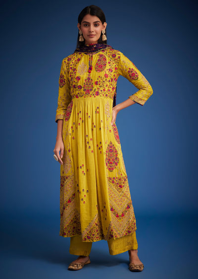 Mustard Linen Silk Floral Embroidered Anarkali Set