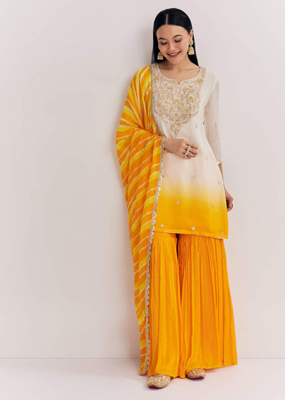 Mustard Ombre Leheriya Kurta Sharara Suit With Cutdana And Sequins Work