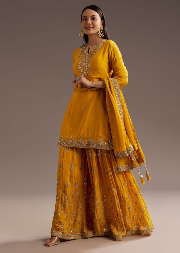 Mustard Yellow Kurta Palazzo Dupatta Set With Sequin Work