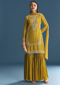 Mustard Silk Kurta Sharara Suit With Sequins And Cutdana Work