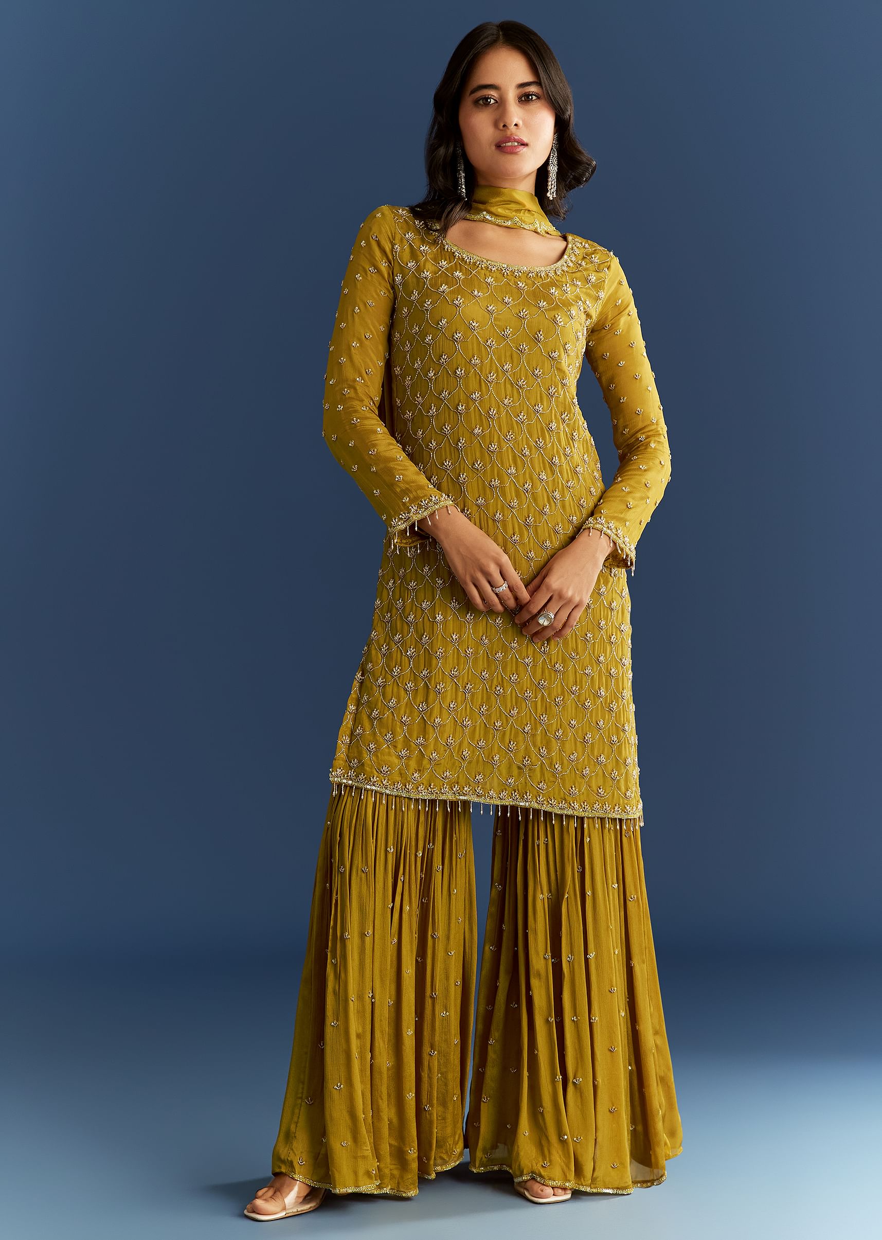 Mustard Yellow Chinon Kurta With Sharara And Dupatta