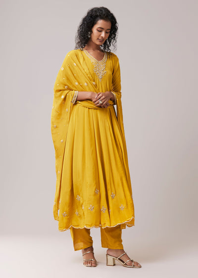Mustard Yellow Chinon Sequin Embroidered Anarkali Set