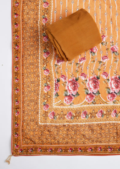 Mustard Yellow Crepe Dress Material Set With Printed Design