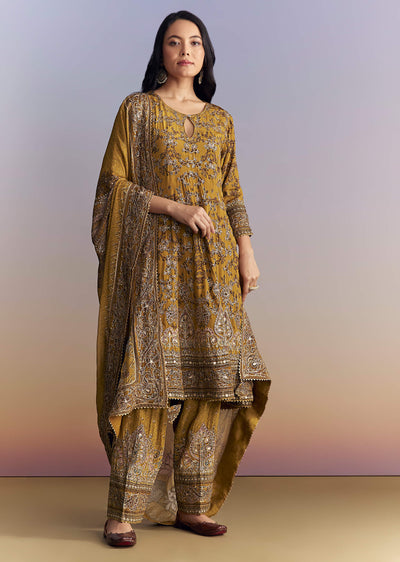 Mustard Yellow Crepe Patiala Suit With Indie Print And Zari Work