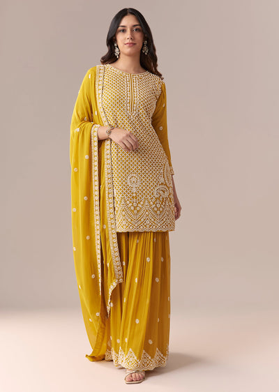 Mustard Yellow Embellished Sharara Suit Set With Dupatta